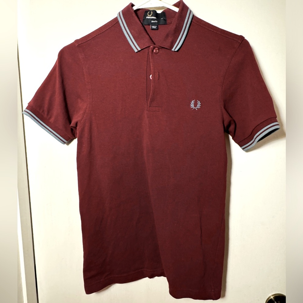 Maroon and blue Fred Perry polo twin tipped size small